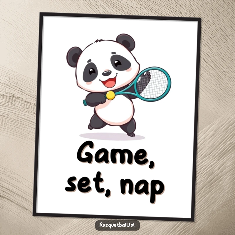Funny poster print of a joyful panda playing tennis with an oversized racquet, capturing playful energy.