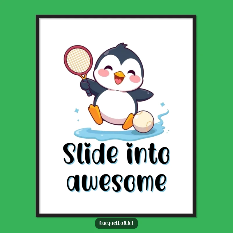 Funny Penguin Tennis Poster - Joyful Sliding Racquet Ball Wall Art, Gift