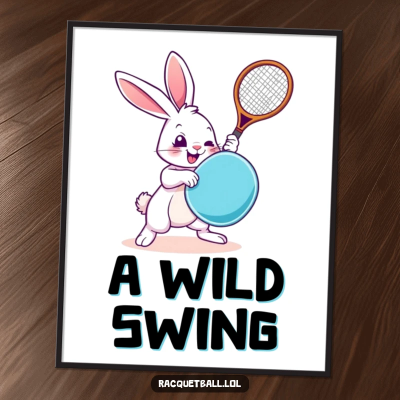 Funny Rabbit Poster: An energetic cartoon rabbit performing an exaggerated racquetboard swing, bringing playful movement to the wall art.