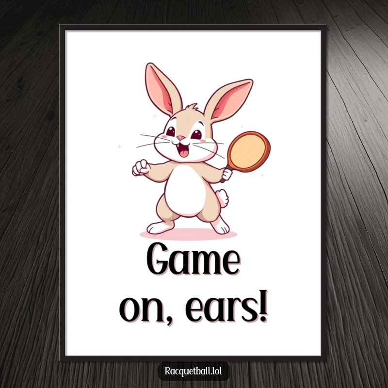Funny bouncing bunny holding a tiny racquetball paddle, ready to play. A dynamic funny gift for wall decor.