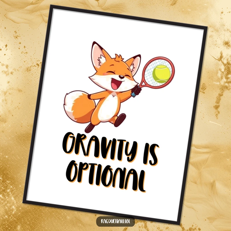 Funny fox art poster, a dynamic image of a fox leaping to smash a racquetball mid-air with joy.