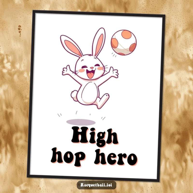 Funny poster art of a cheerful bunny character leaping high to hit a floating ball with gusto, playful decor.