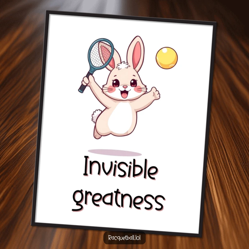 Funny rabbit tennis poster depicting a fluffy, excited bunny energetically leaping with a tennis racquet raised high.