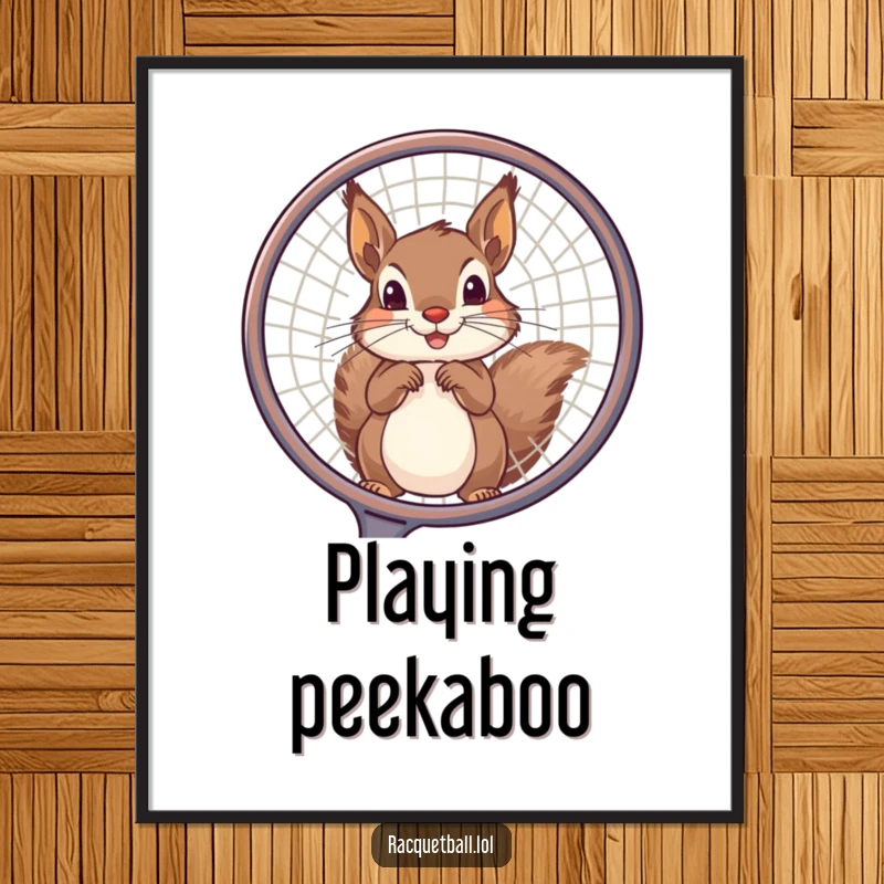 Funny squirrel poster featuring a playful squirrel peeking through a large racquet frame, combining sports art with charming humor.