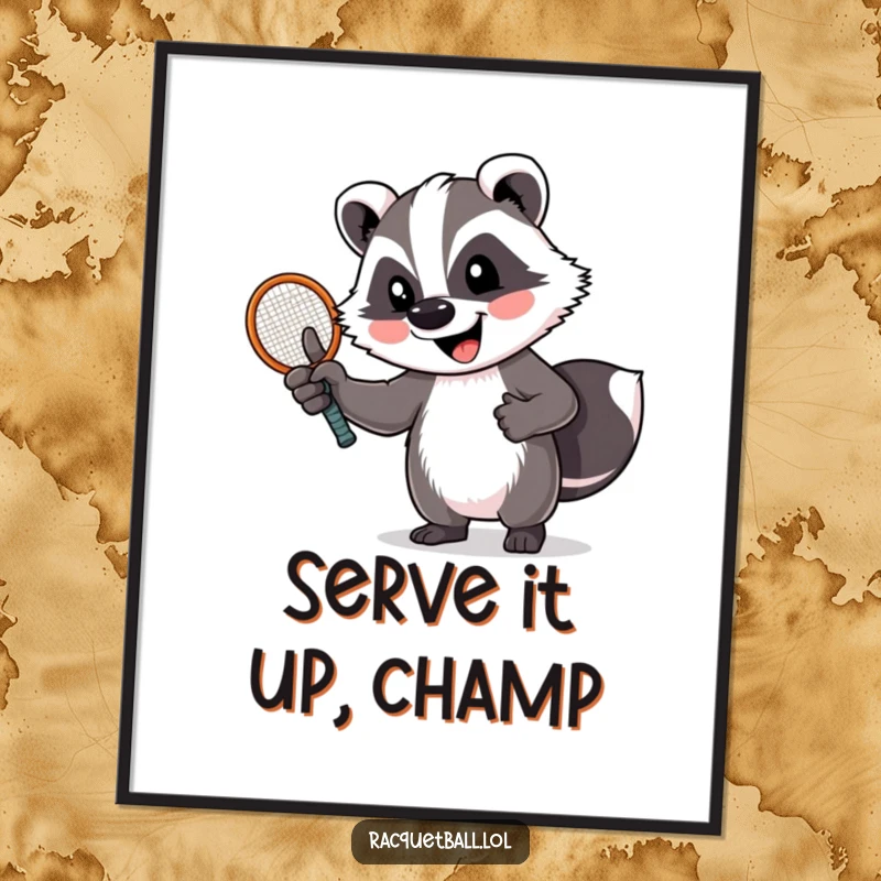Funny badger poster with a cheerful badger giving a thumbs up, holding a tennis racquet. Motivational sports art for walls.