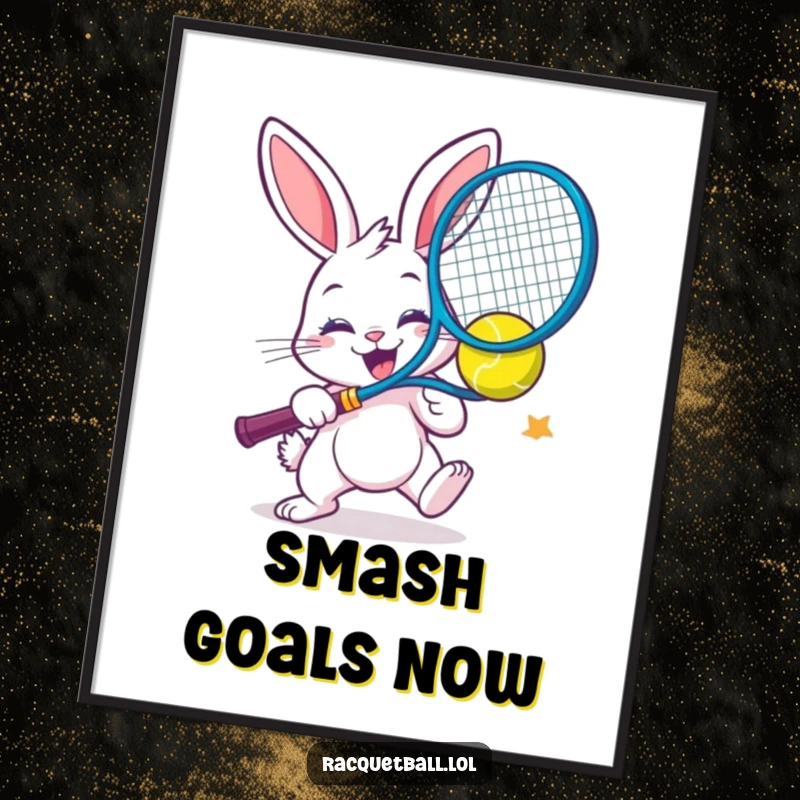 Funny poster art of a cheerful bunny smashing a colorful racquetball with extreme enthusiasm and joy.