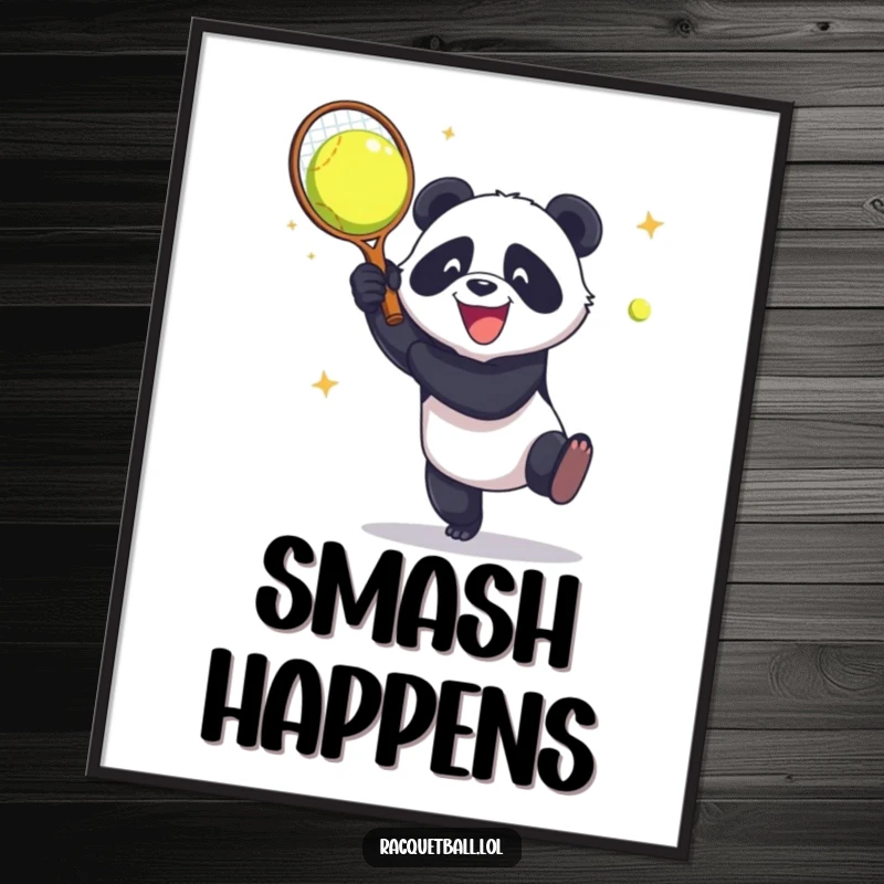 Funny Poster: A panda aggressively smashes a racquetball against a wall with infectious glee, a vibrant piece of sports-themed art.