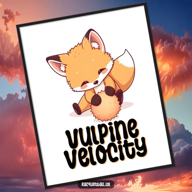 Funny poster art of a playful fox cub sliding dramatically to return a tiny, fuzzy ball, dynamic decor.