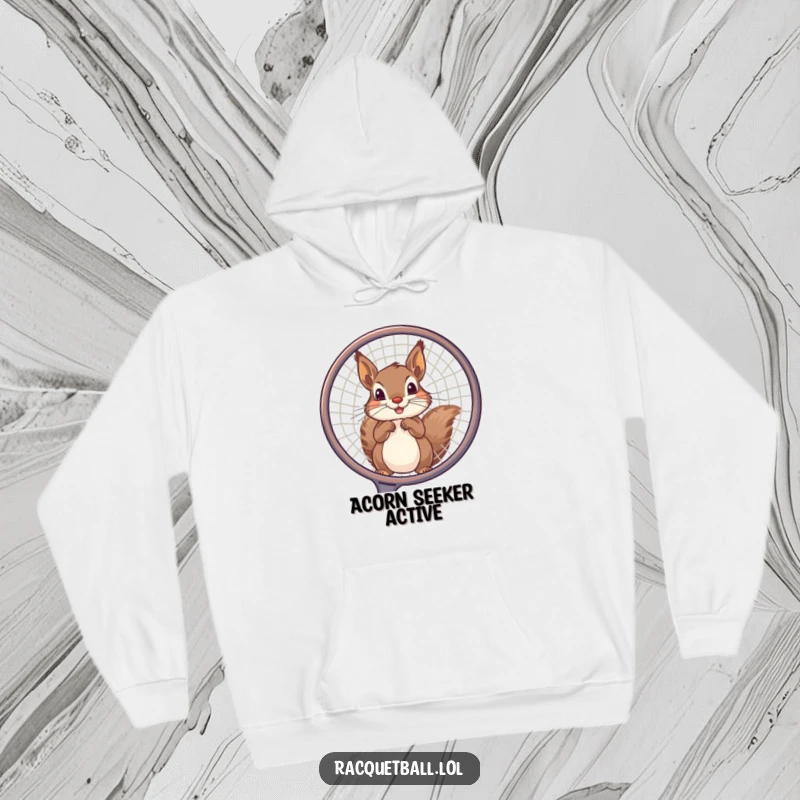 Funny squirrel hoodie featuring a playful squirrel peeking through a large racquet frame, a humorous depiction of sports observation.