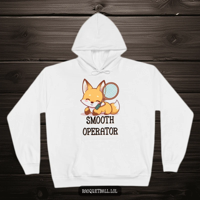 Funny Fox Hoodie with a smiling fox sliding on its belly with a racquet, ideal for comfort and adventurous spirits.