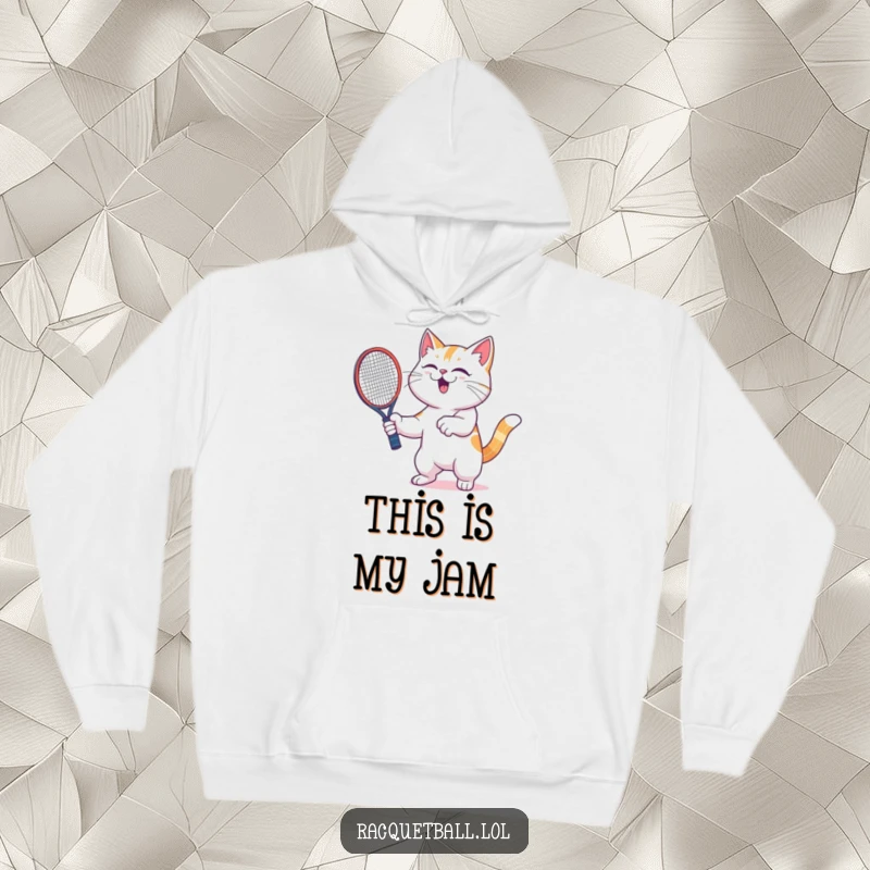 Funny cat hoodie depicting a triumphant cat vigorously shaking a racquetball racquet with ecstatic glee, ready for the next match.