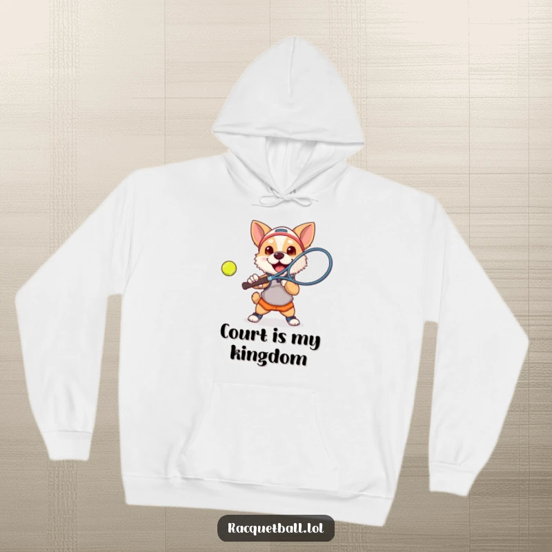 Funny dog tennis hoodie featuring a determined, athletic dog fiercely smashing a tennis ball with a racquet.