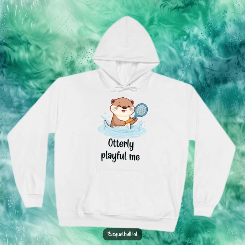 Funny otter tennis hoodie, a playful animal splashing water with a miniature racquet, bringing aquatic cheer and cozy vibes.