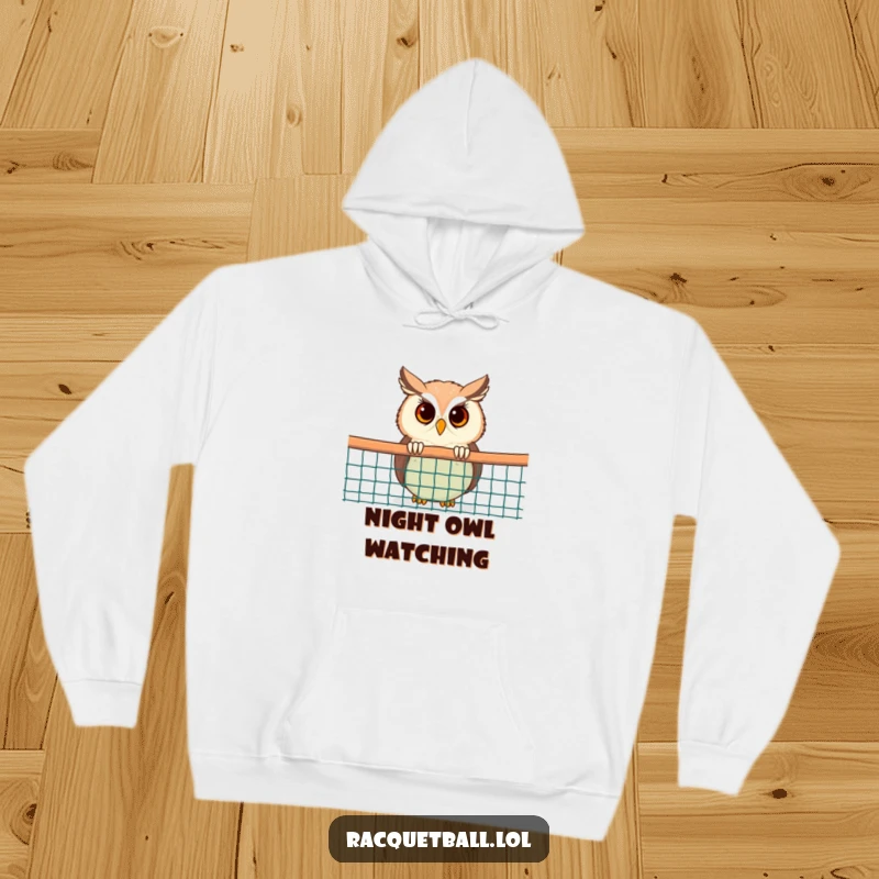 Funny Owl Hoodie: A soft hoodie with a curious owl peeking from behind a racquetball net, perfect for cozy observation.
