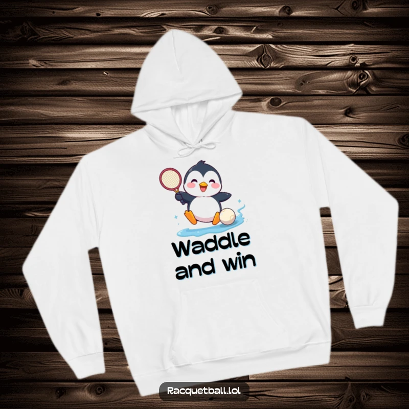 Funny hoodie depicting a happy penguin comically sliding into a tennis ball, offering warmth and a splash of athletic humor.