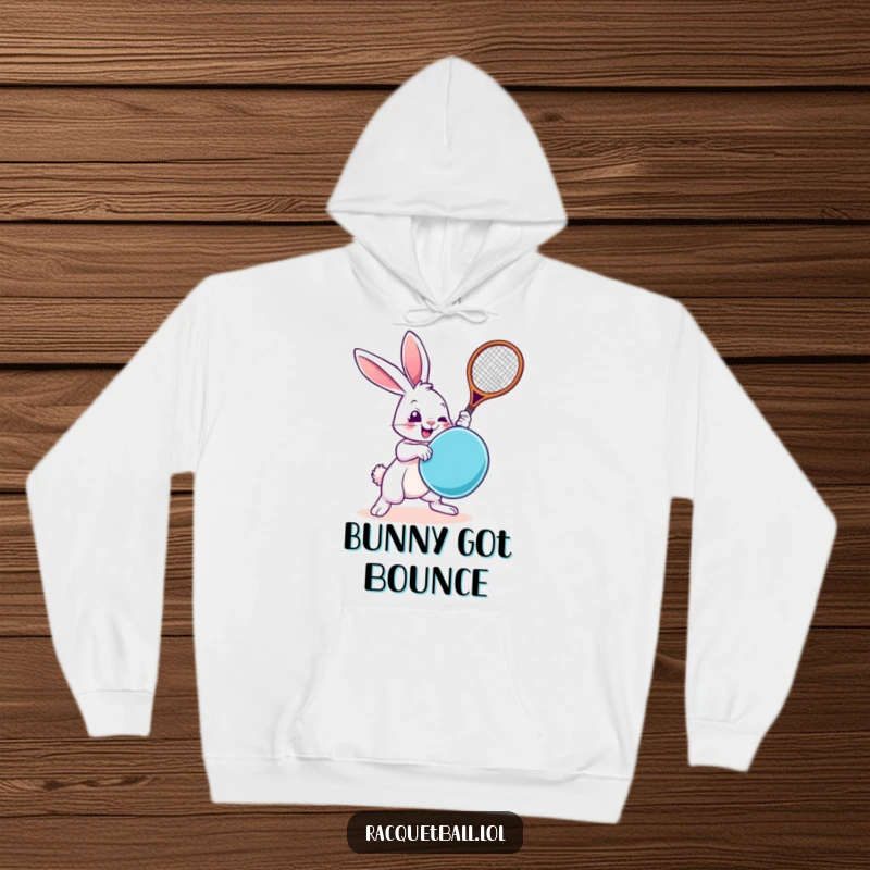 Funny Rabbit Hoodie: A playful rabbit in mid-swing with a racquetboard, depicted on a comfortable hoodie, exuding energetic fun.
