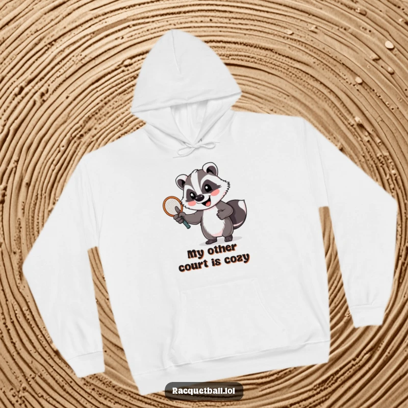 Funny badger hoodie depicting a cheerful badger giving a thumbs up, holding a tennis racquet. Perfect for sports and warmth.