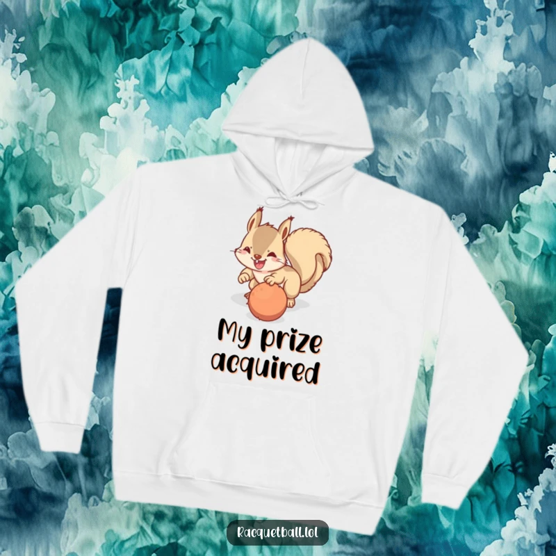 Funny hoodie featuring a happy squirrel in a determined dive towards a fuzzy ball, embodying playful pursuit and warmth.