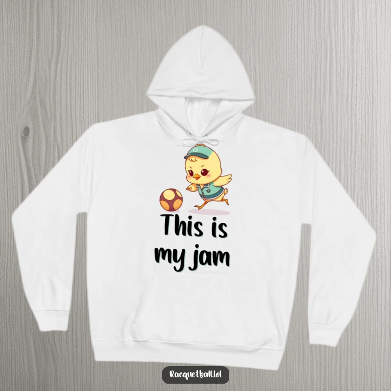 Funny chick athletic hoodie showing a tiny uniformed bird lunging with passion for a bouncing ball, perfect for sports lovers.