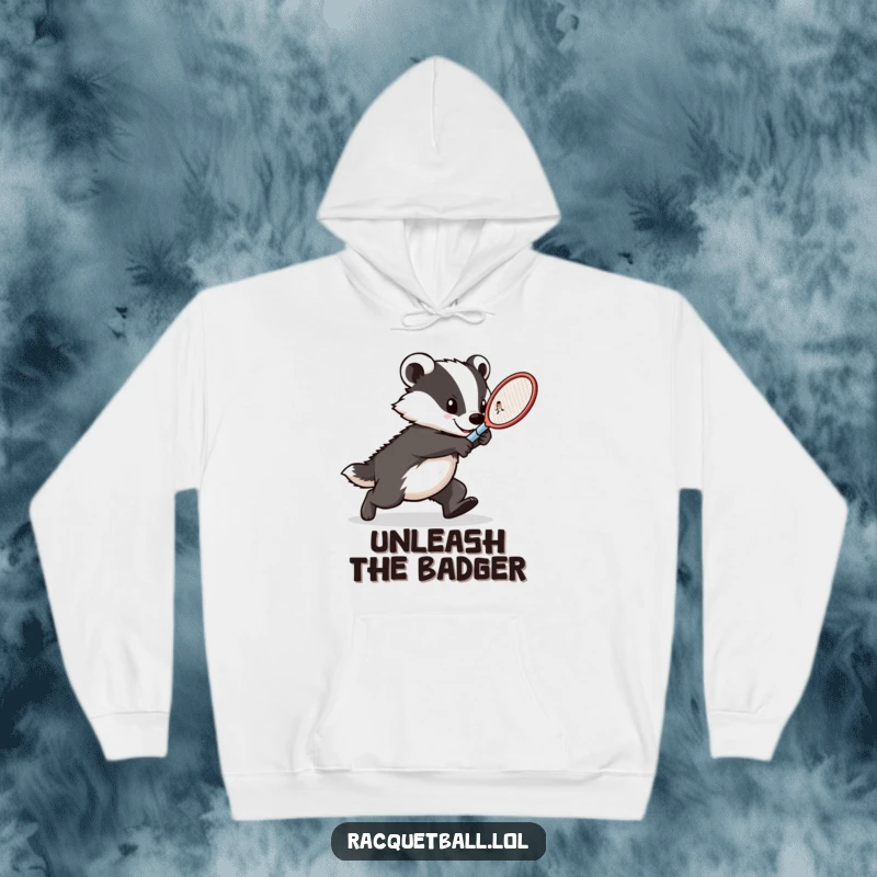 Funny badger tennis hoodie, a determined athlete lunging with a racquet, showcasing intense focus and athletic power for cozy wear.