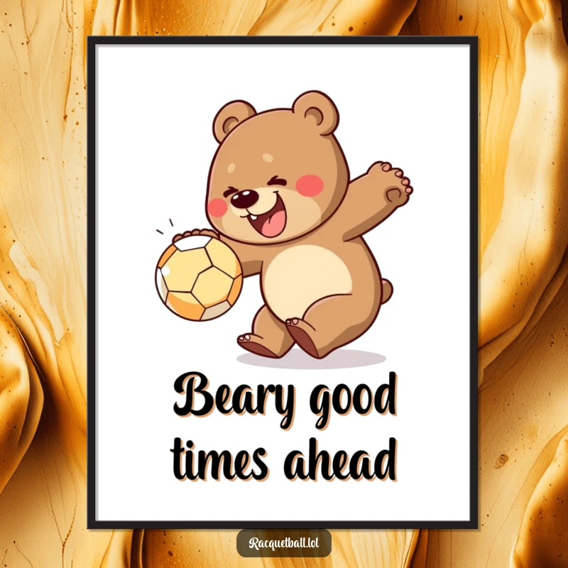 Funny Free Printable Wall Art: A cheerful bear mid-lung, smashing a ball with immense gusto and explosive energy. Humorous decor.