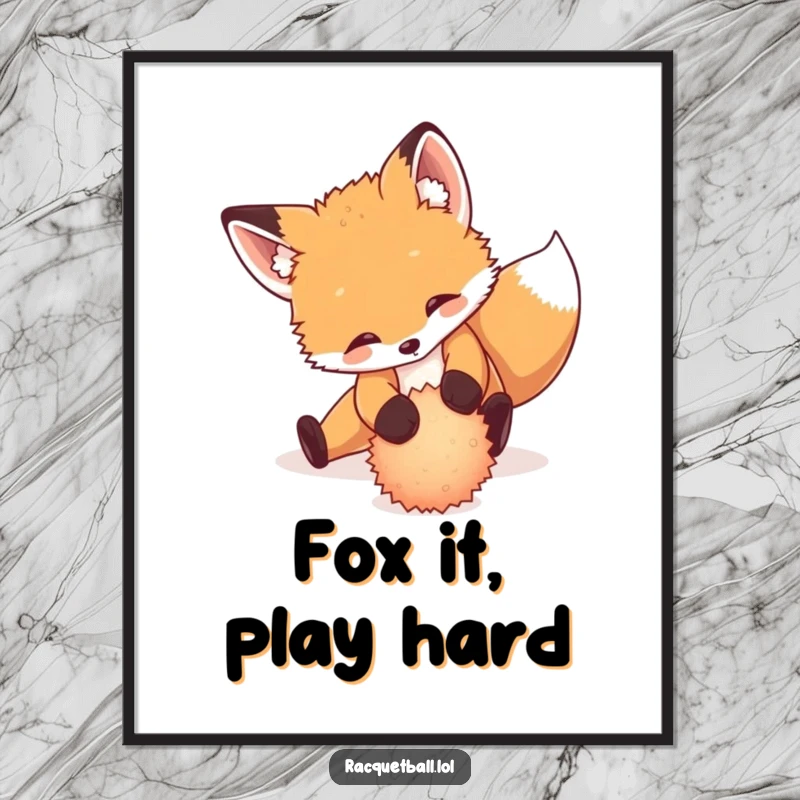 Funny Free Printable Wall Art: Playful fox cub in a dramatic slide, intensely focused on returning a tiny, fuzzy ball.