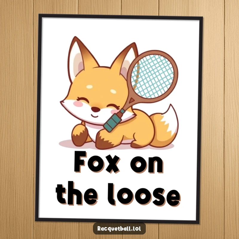 Funny Free Printable Wall Art: Smiling fox sliding on its belly with a racquet aimed forward, a smooth and humorous depiction.