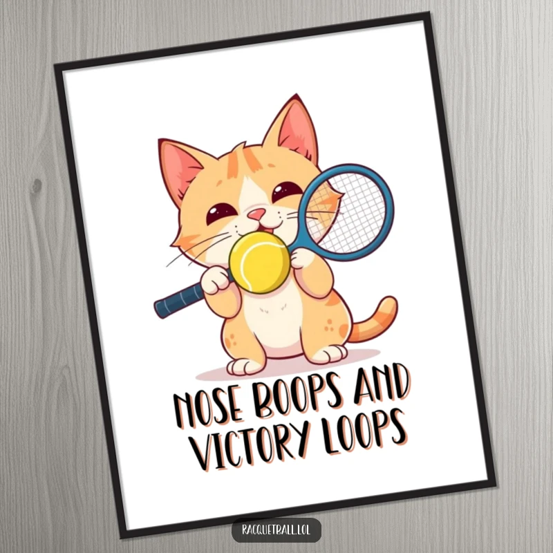Funny Free Printable Wall Art: Delighted cat showcasing incredible focus while balancing a racquetball perfectly on its nose.