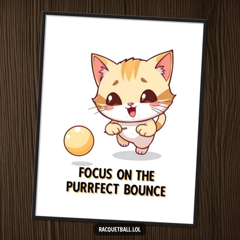 Funny Free Printable Wall Art: Giggling cat character with eyes locked, chasing a bouncing ball with extreme concentration.