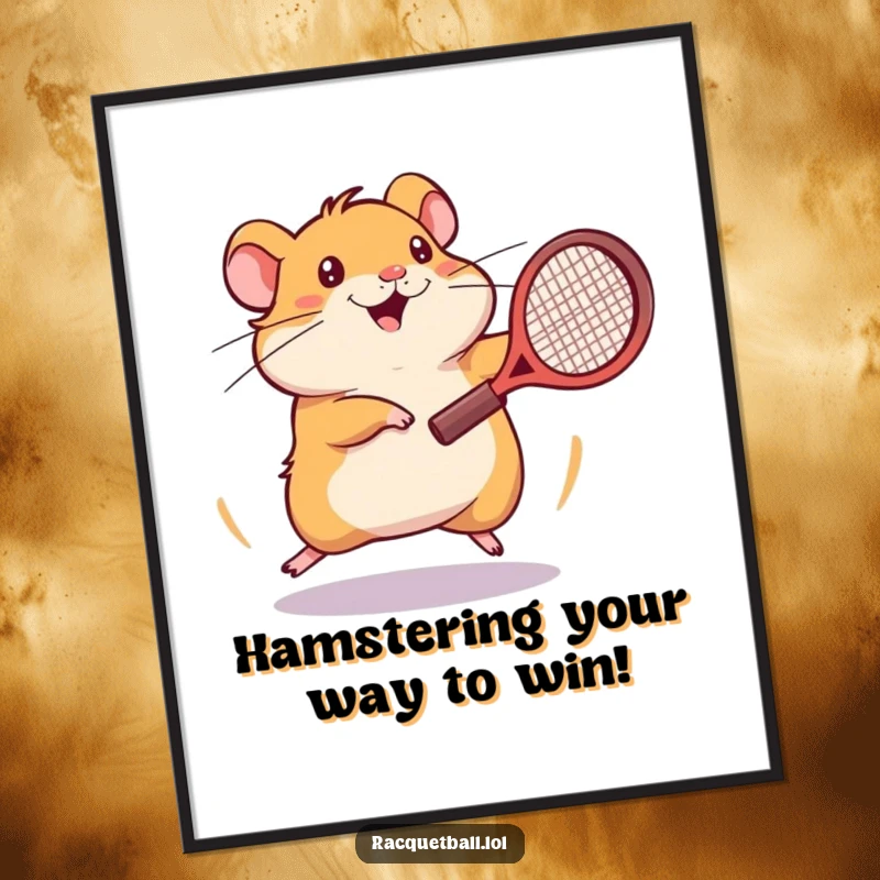 Funny Free Printable Wall Art: An energetic hamster spinning in a frantic pose, racquet clutched, full of motion.