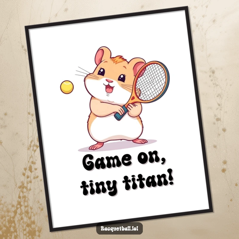 Cute free printable wall art of a kawaii hamster enthusiastically swinging a tiny racquetball racquet.