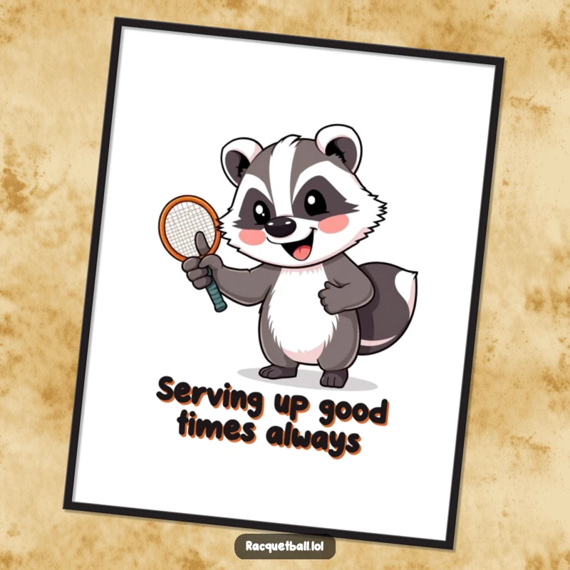Funny Free Printable Wall Art: A happy badger holding a racquet, giving a big thumbs up. Humorous digital download art.