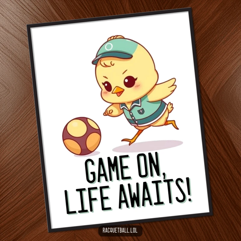 Funny Free Printable Wall Art: A determined chick in a tiny uniform lunges intensely for a bouncing ball, capturing athletic spirit.