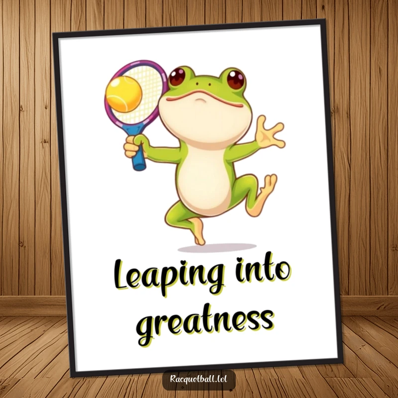 Funny Free Printable Wall Art: A smiling frog leaps to hit a tennis ball with a big, colorful racquet.