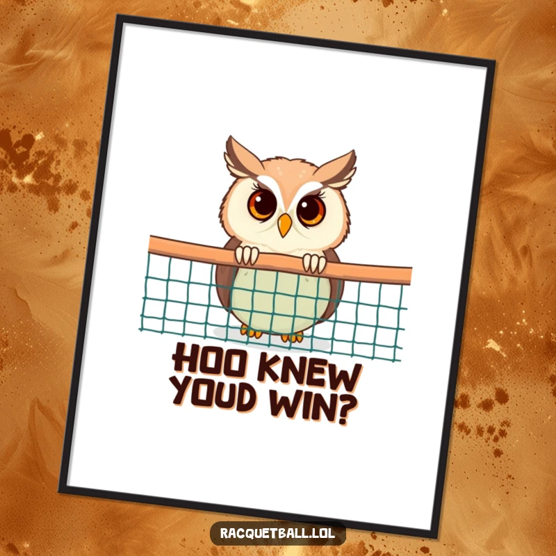 Funny Free Printable Wall Art: A curious owl with wide eyes peeking conspiratorially from behind a racquetball net.