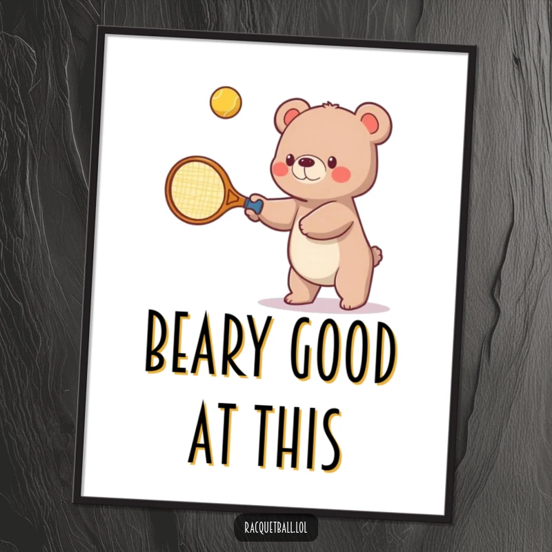 Funny Free Printable Wall Art: Small bear with an oversized tennis racquet, mid-play, playfully swatting a bouncing ball upwards with a determined expression.