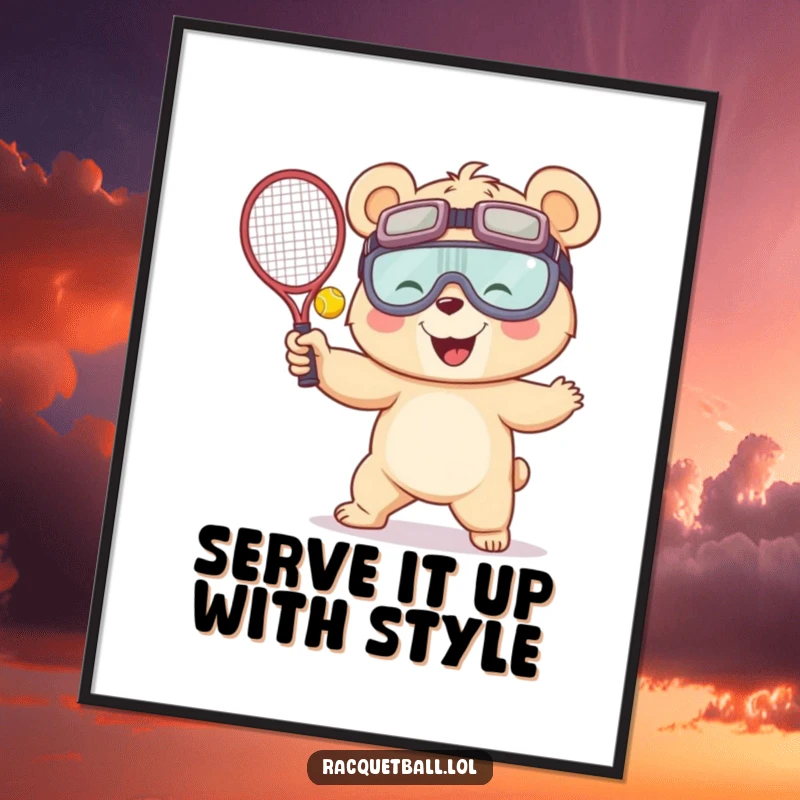 Funny Free Printable Wall Art: Giggling bear in oversized goggles, serving a racquetball with a flourish, cheerful and quirky decor.