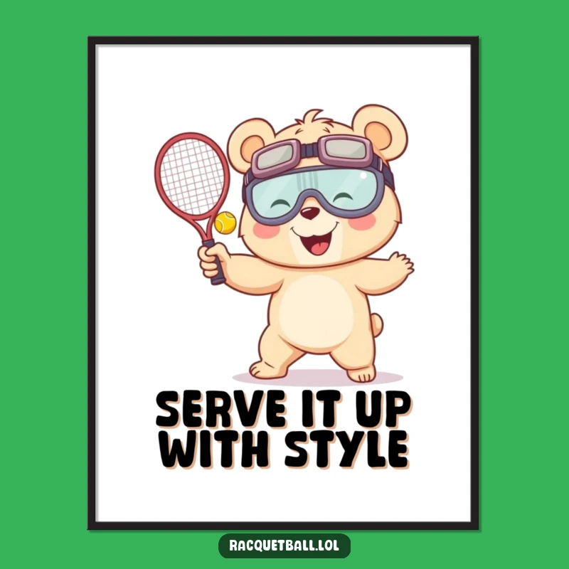 Funny Free Printable Wall Art: Giggling Bear Serving Racquetball, Humorous Downloadable Decor