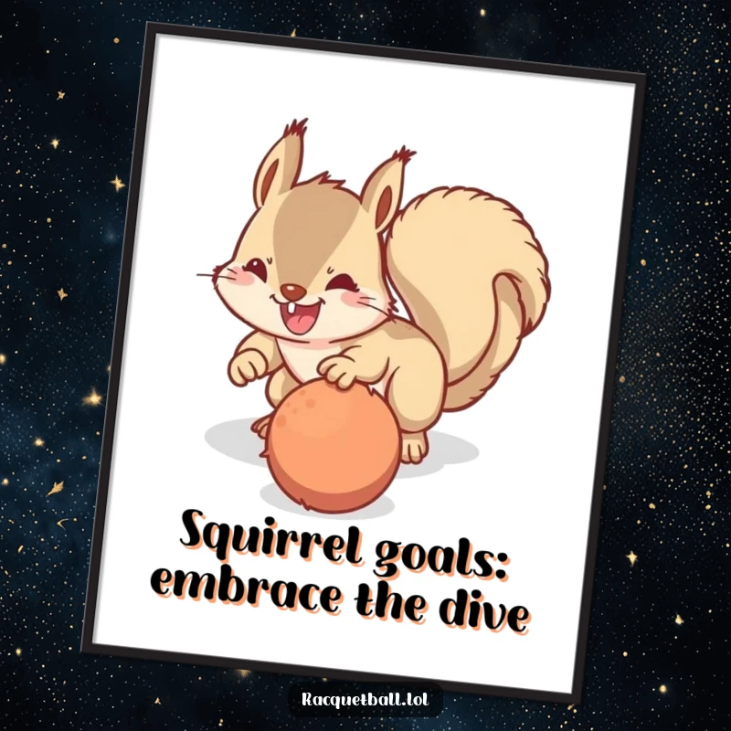 Funny Free Printable Wall Art: A cartoon squirrel in mid-dive, eyes locked on a fuzzy ball, full of playful energy and determination.