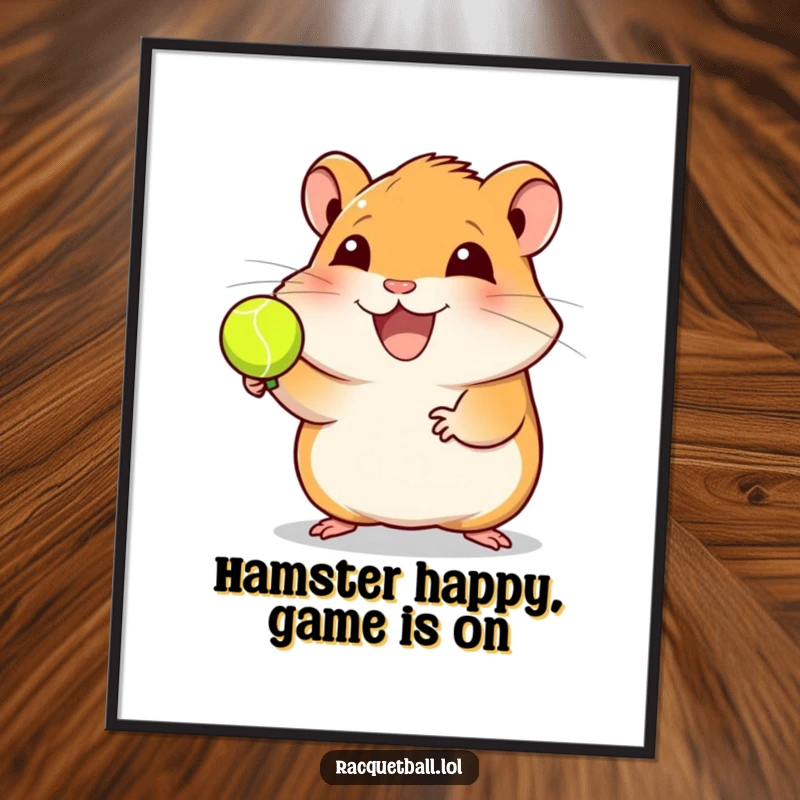 Funny Free Printable Hamster Racquetball Wall Art, a joyful hamster expertly balancing a ball on its fuzzy finger. Playful and cute.