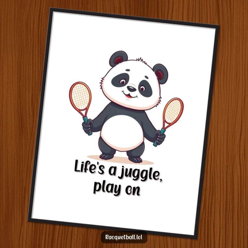 Funny Free Printable Wall Art: A curious panda comically attempts to juggle two tennis racquets, perfect for a humorous home gallery.