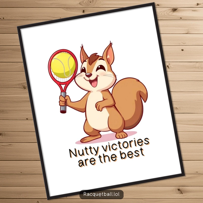 Funny Free Printable Wall Art: A delighted squirrel in a dynamic victory pose, triumphantly holding a racquetball.