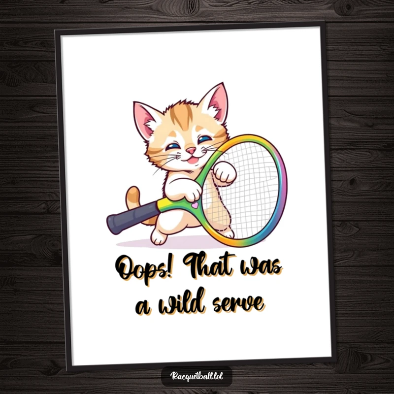 Funny Free Printable Wall Art: A playful kitten comically trips over a giant colorful racquet, capturing a moment of delightful mishap.