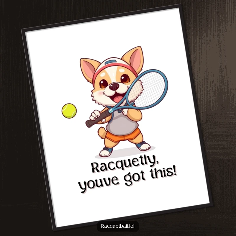 Funny Free Printable Wall Art: A small, determined dog in athletic gear energetically smashing a tennis ball with a racquet.