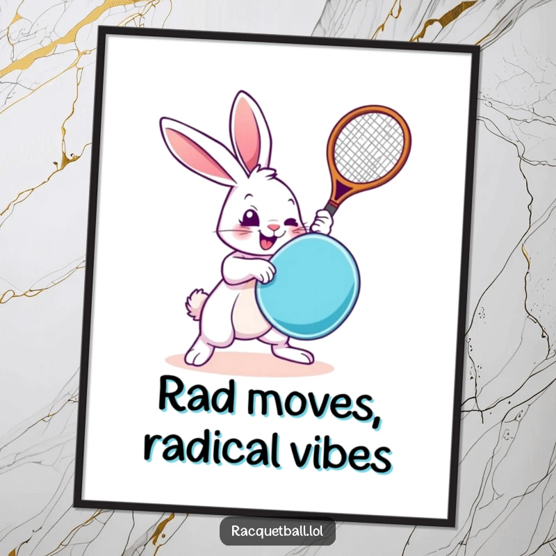 Funny Free Printable Wall Art: Comical rabbit athlete in a dynamic pose, swinging a racquetboard with wild, exaggerated energy.
