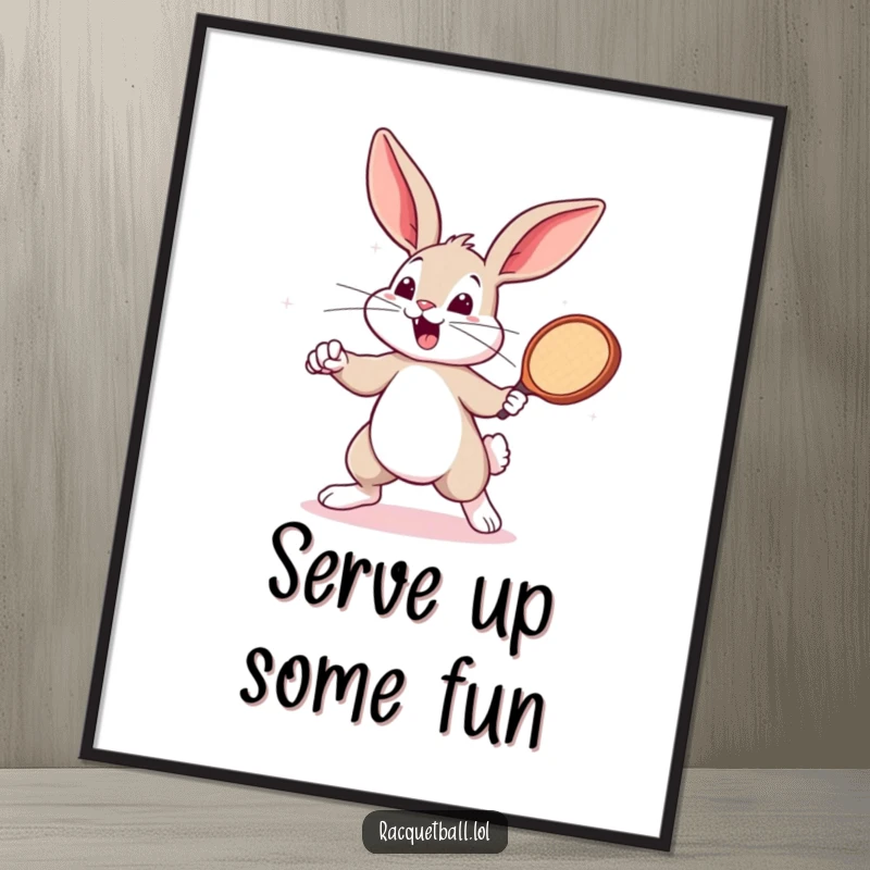 Funny Free Printable Wall Art: A bouncing bunny with a determined look swings a tiny racquetball paddle, ready for action.