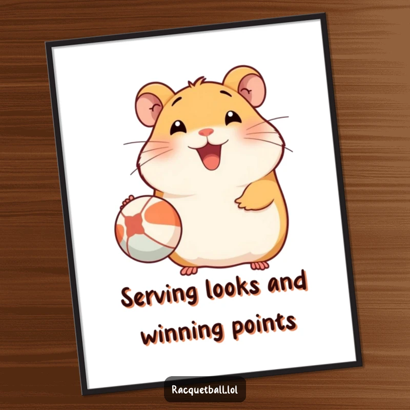 Funny Free Printable Wall Art: Goofy hamster with a massive smile, enthusiastically serving a tennis ball with comic charm.