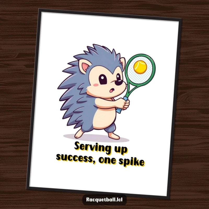 Funny Free Printable Hedgehog Wall Art: Determined hedgehog swinging a racquet, hitting a bright ball upwards with energy.