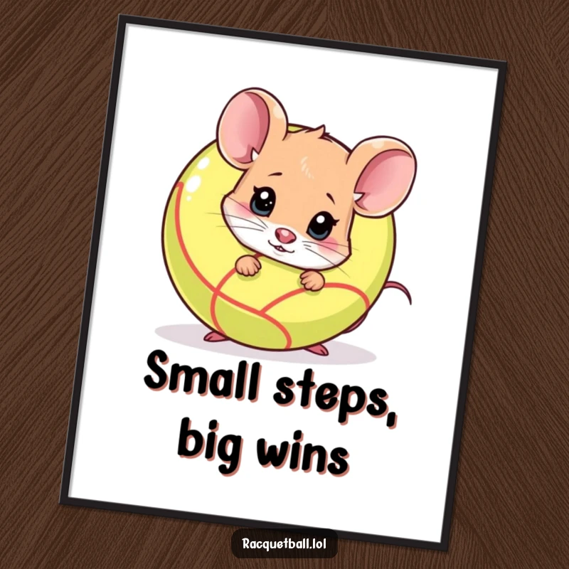 Funny Free Printable Wall Art: A shy mouse nervously peeks from behind a racquetball, adding a touch of adorable humor to decor.