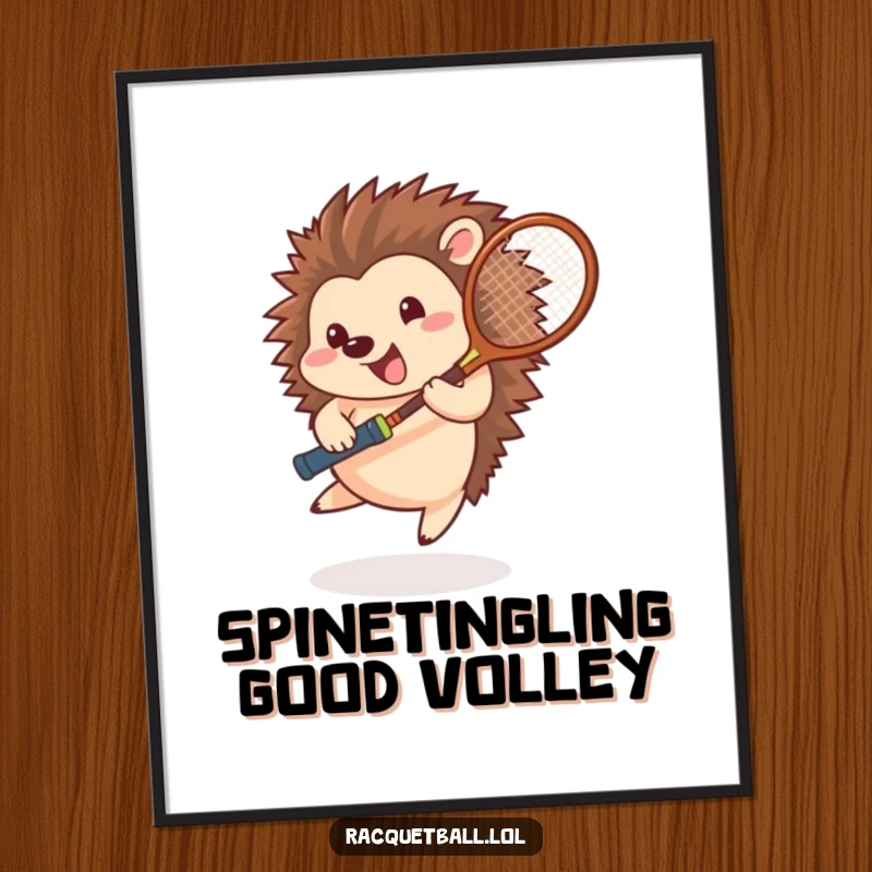Funny Free Printable Wall Art: A happy hedgehog playing tennis, a blur of motion with racquet spinning, perfect for sports fans.